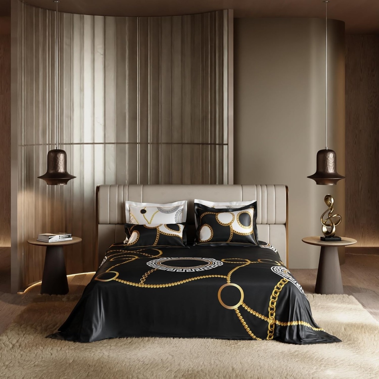 Stoa Paris Super King 5PC Satin Bedding Set, 300TC Ultra Soft & Breathable, 1 Flat Bedsheet, 4 Pillow Covers, Easy on Hair & Skin, Aesthetic Home Decor, Baroque - Jet Black-White-Gold