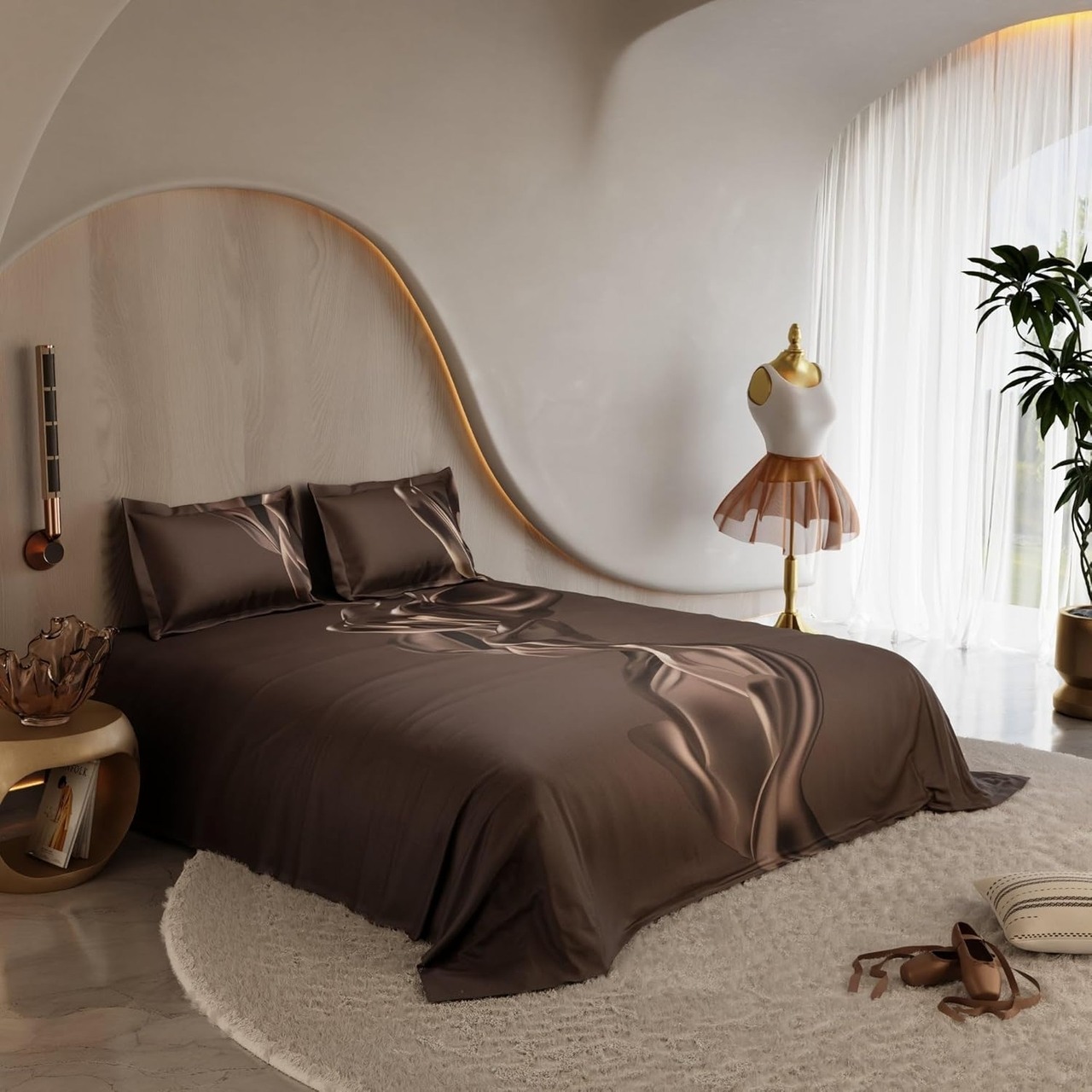 Super King Size 100% Cotton Bedsheet with 2 Pillow Covers, Fluid Art Printed Bedding Set, Aesthetic Home Decor, Wedding Gift for Couples, Ballet Fluide - Bronze, Cocoa