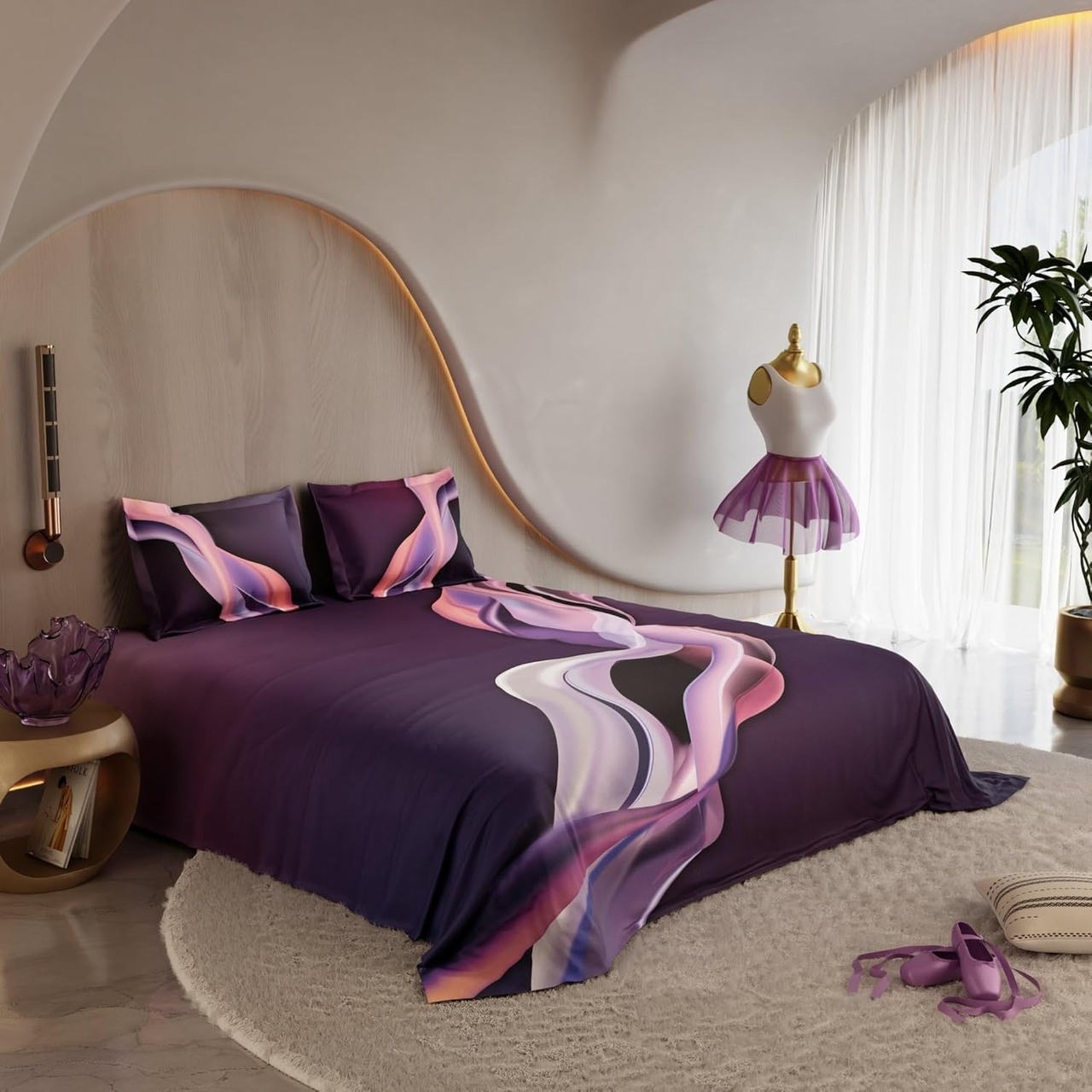 Stoa Paris Super King Size 100% Cotton Bedsheet with 2 Pillow Covers, Fluid Art Printed Bedding Set, Aesthetic Home Decor, Wedding Gift for Couples, Ballet Fluide - Deep Plum, Soft Pink