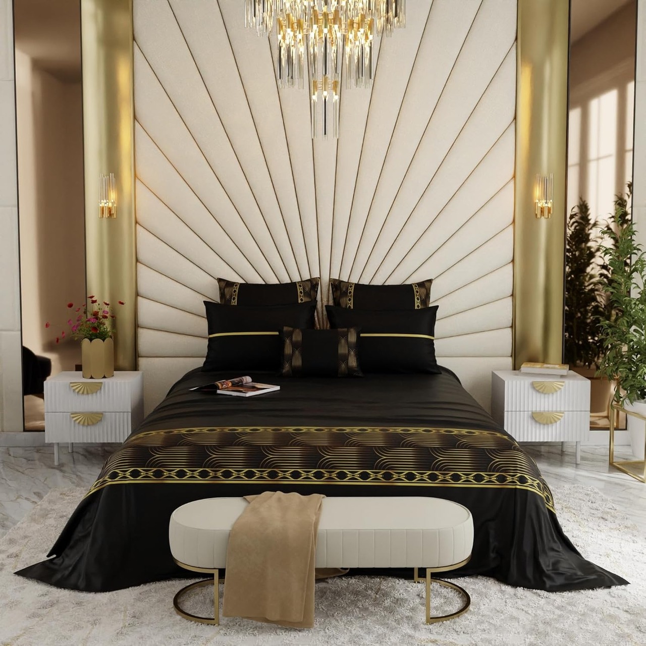 Stoa Paris Super King Bedsheet, 300TC Premium 6 Piece Bedding Set, Aesthetic Home Decor, Wedding Gift for Couples, Crown of Versailles - Midnight Gala-Black