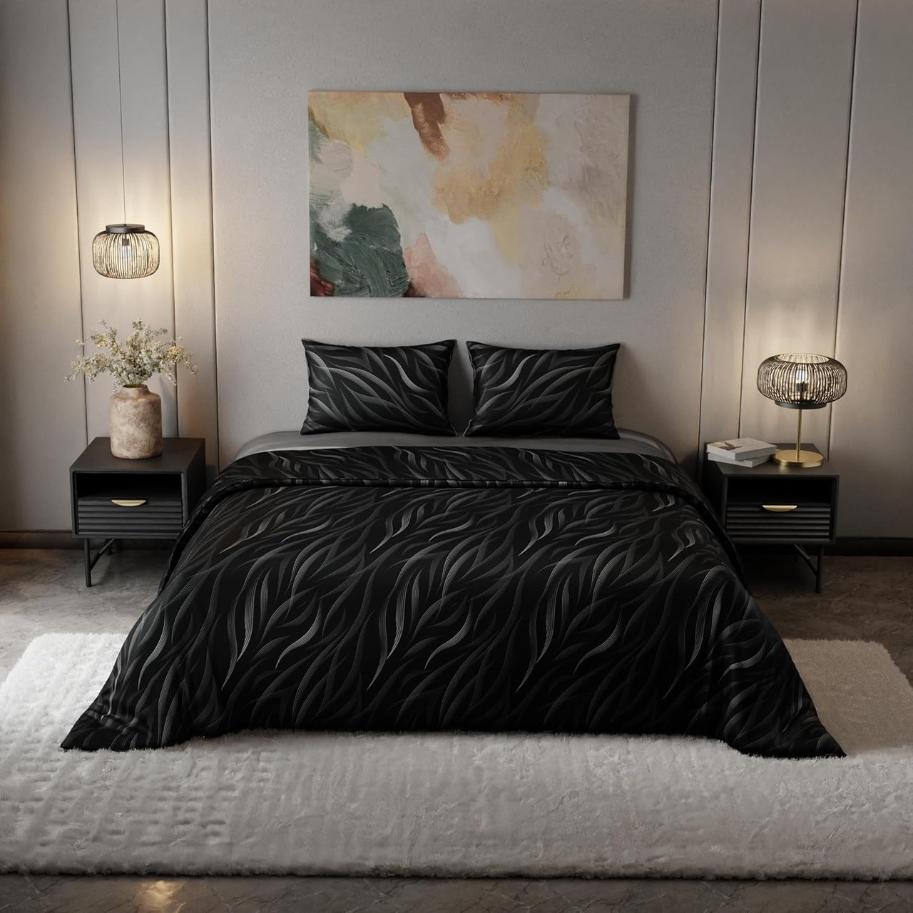 Stoa Paris Comforter Set in King Size, 300 TC Ultra Satin Bedding Set, Comforter with Bedsheet and Pillow Covers, Gift Items for Women, Moonlight Whispers - Black & White