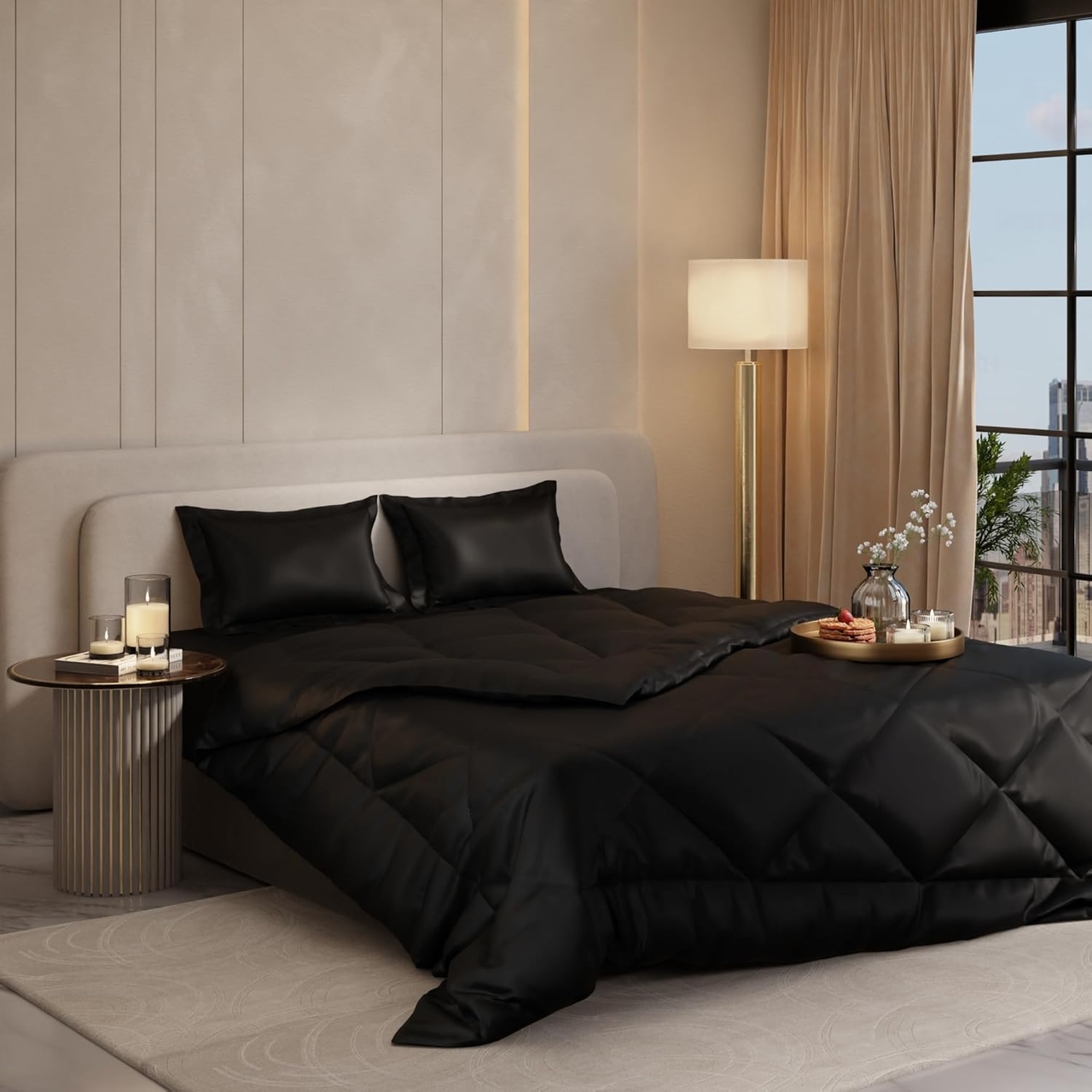 Stoa Paris Satin Comforter Set Double Bed with Satin Bedsheet & Pillow Covers, 300TC Complete Bedding Set, Ideal Gifts for Women, Couples, Bedroom Home Furnishing, Date Night - Midnight Black