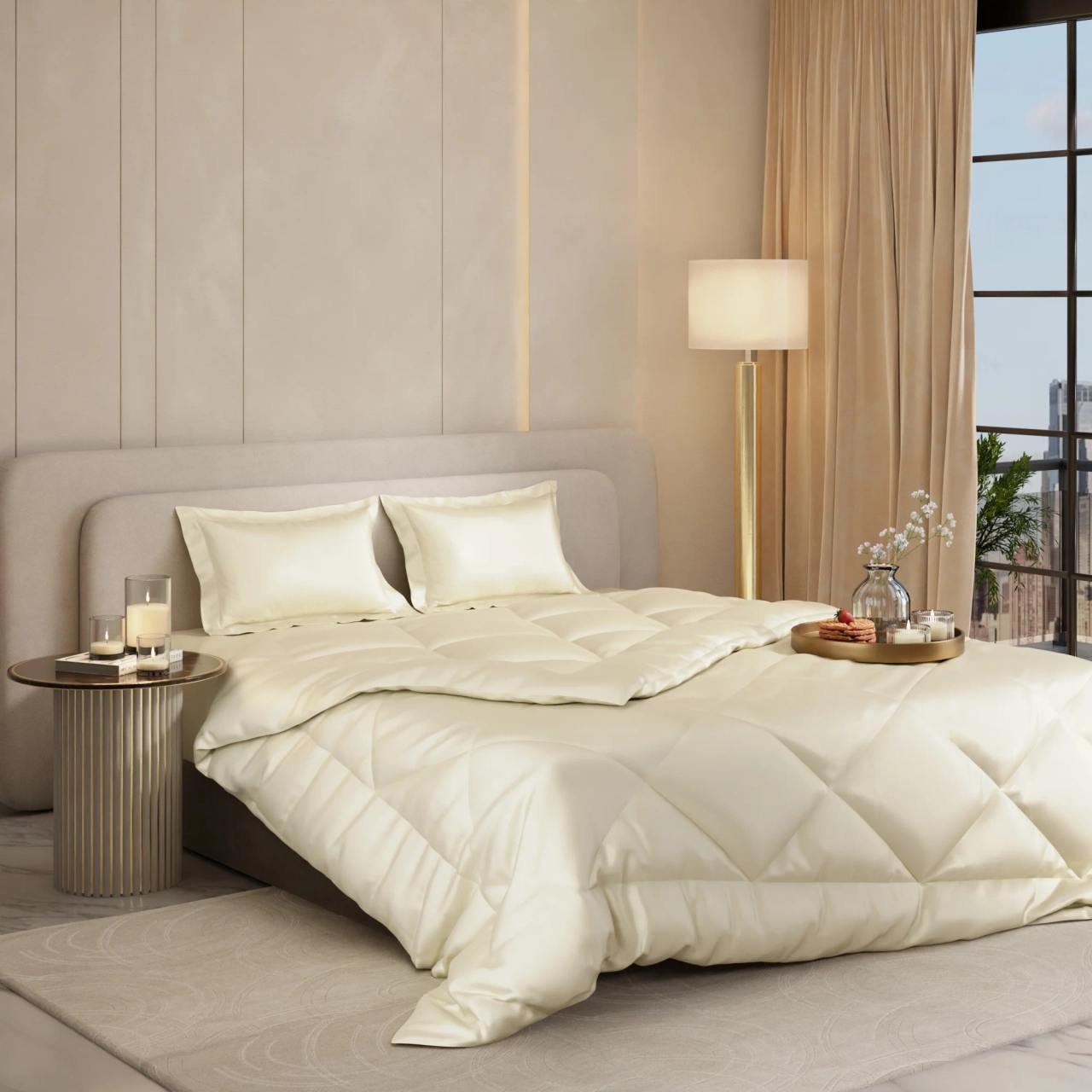 Stoa Paris Satin Comforter Set Double Bed with Satin Bedsheet & Pillow Covers, 300TC Complete Bedding Set, Ideal Gifts for Women, Couples, Bedroom Home Furnishing, Date Night - Charming Ivory