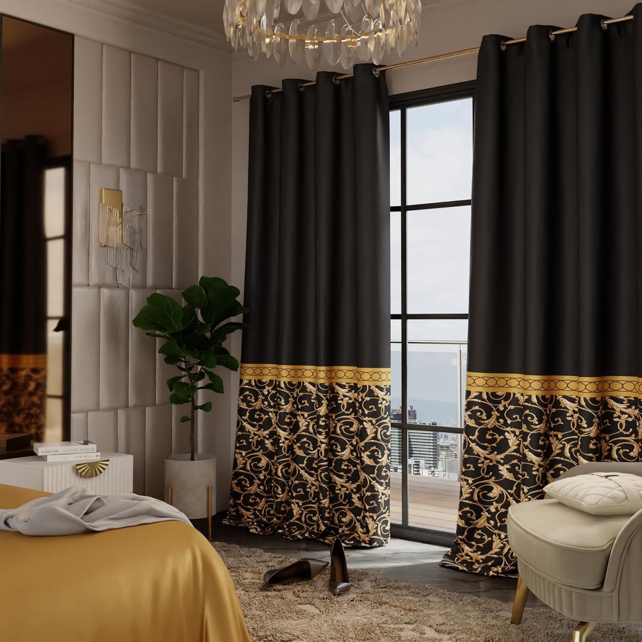 Stoa Paris Satin Long Door Curtains, Room Darkening Blackout Curtains, Patterned Parda for Living Room, Bedroom, Ideal Home Decor, Easy Grommet Installation - Pack of 2, Regal Slate - With Back Lining