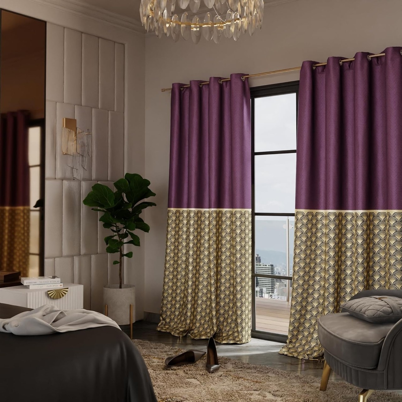 Stoa Paris Satin Curtain for Door, 70% Blackout Curtains, Home Decor, Parda with Easy Grommet Installation, Bedroom, Living Room, Set of 2, Versailles - Royal Rouge with Back Lining