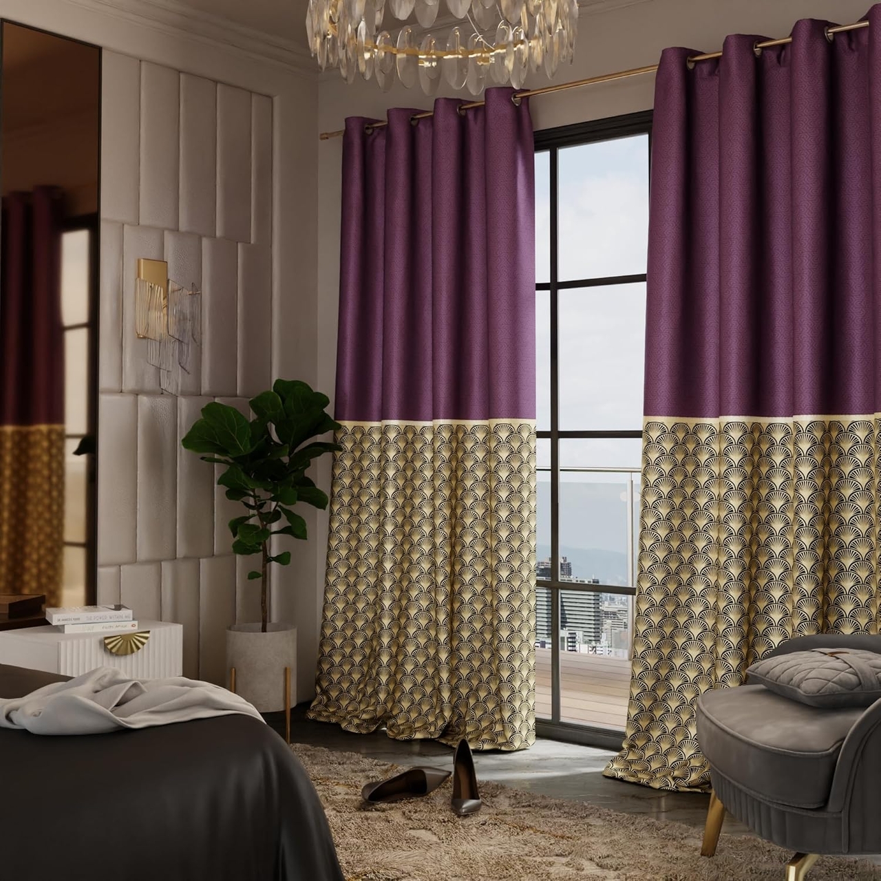 Stoa Paris Satin Long Door Curtains, Room Darkening Blackout Curtains, Patterned Parda for Living Room, Bedroom, Ideal Home Decor,Easy Grommet Installation - Pack of 2, Royal Rouge - with Back Lining