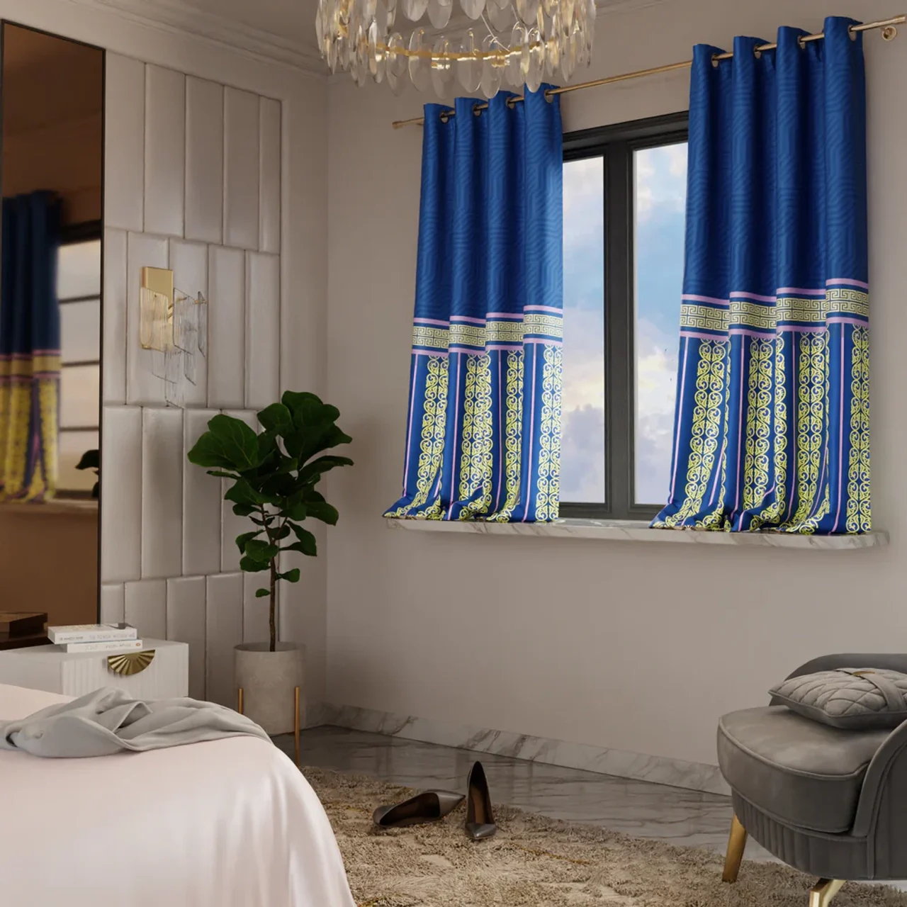 Stoa Paris Satin Window Curtain, 70% Blackout Curtains, Home Decor, Parda with Easy Grommet Installation, Living Room, Bedroom, Privacy Lining, Pack of 2, Versailles - Blue Monarch with Back Lining