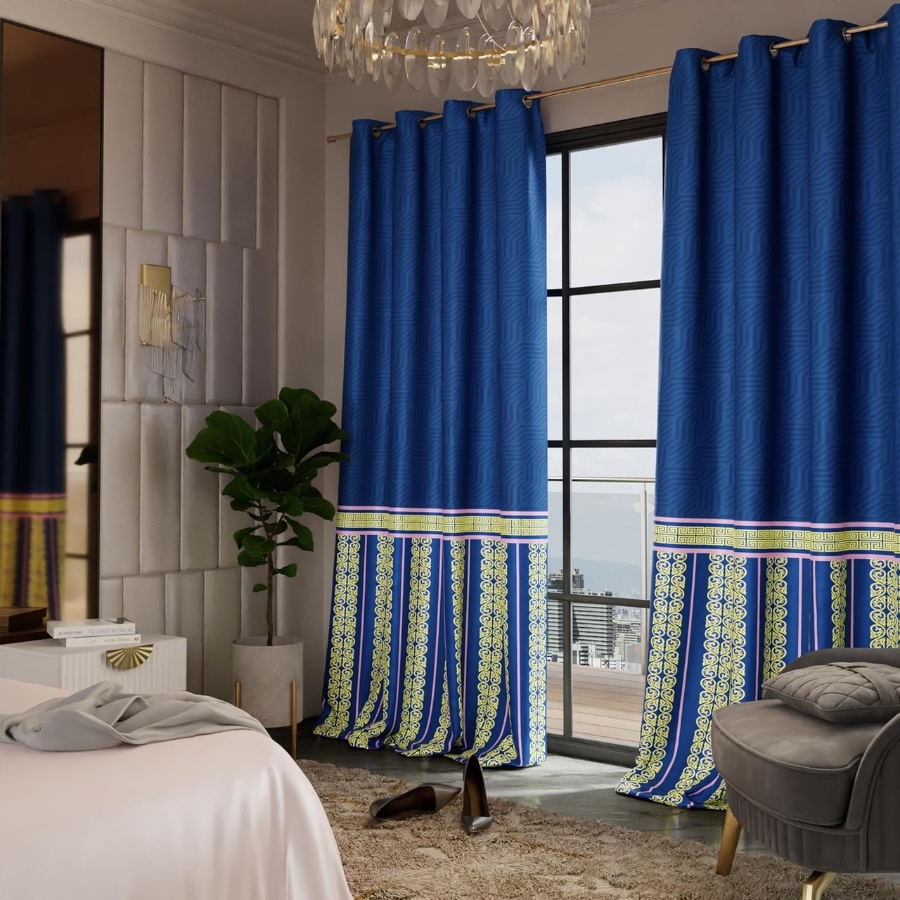 Stoa Paris Satin Long Door Curtains, Room Darkening Blackout Curtains, Patterned Parda for Living Room, Bedroom, Ideal Home Decor,Easy Grommet Installation - Pack of 2, Blue Monarch - With Back Lining