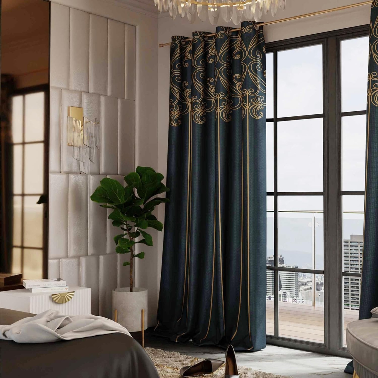 Stoa Paris Satin Long Door Curtains, 300 TC Dimout Home Furnishing Curtains, Easy Grommet Installation, Aesthetic Parda, Bedroom, Living Room Decoration, Pack of 1, Versailles - Emerald Royale