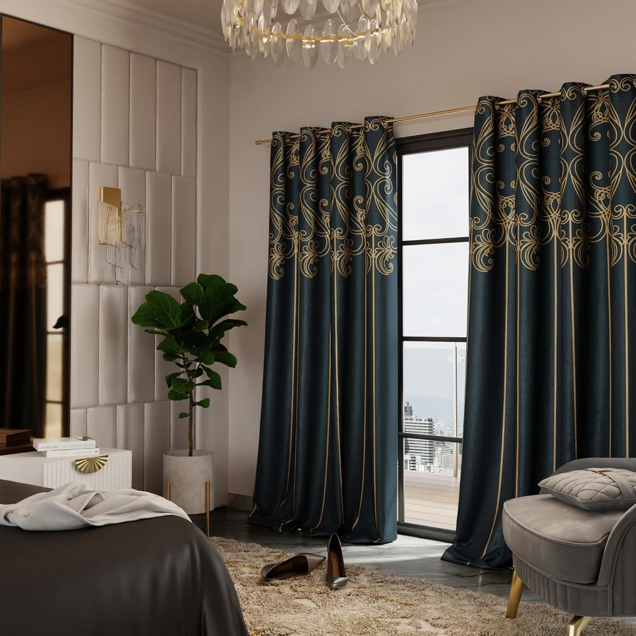 Stoa Paris Satin Door Curtains, 300 TC Dim-Out Home Furnishing Curtains, Easy Grommet Installation, Aesthetic Parda, Balcony, Bedroom, Pack of 2, Versailles - Emerald Royale