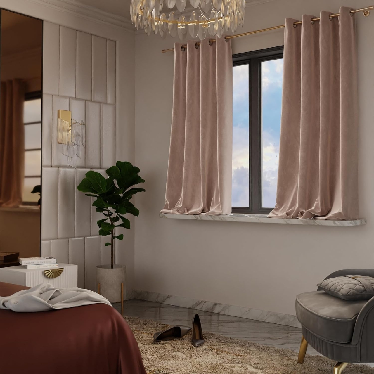 Stoa Paris Velvet Curtains for Window, Premium Dim-Out Curtain for Living Room, Bedroom, Home Decor, Parda with Easy Grommet Installation, Pack of 2, Date Night - Parisian Blush