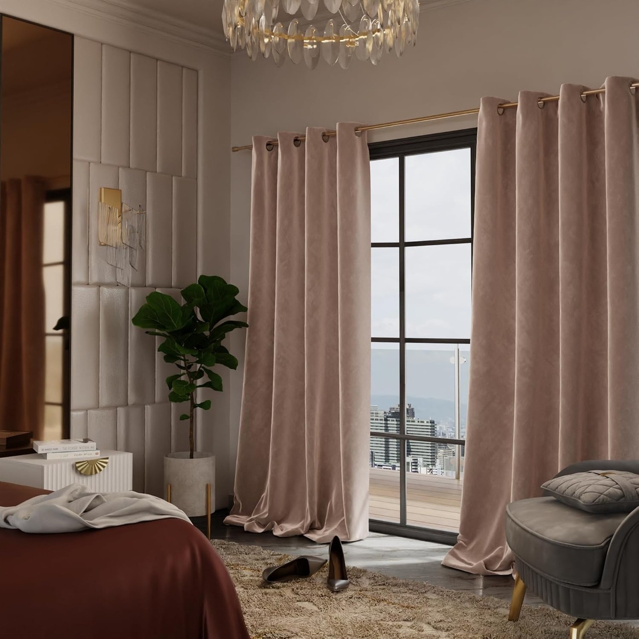 Stoa Paris Velvet Curtains for Door, Premium Dim-Out Curtain for Living Room, Bedroom, Home Decor, Parda with Easy Grommet Installation, Pack of 2, Date Night - Parisian Blush