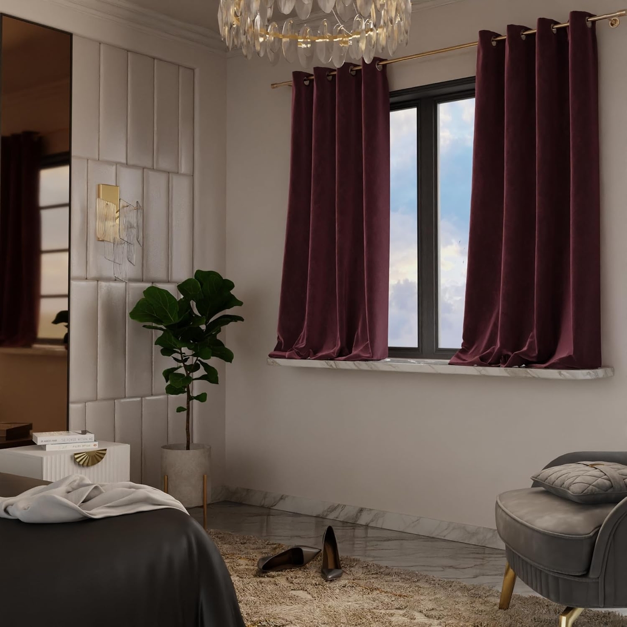 Stoa Paris Velvet Curtains for Window, Premium Dim-Out Curtain for Living Room, Bedroom, Home Decor, Parda with Easy Grommet Installation, Pack of 2, Date Night - Vintage Rose