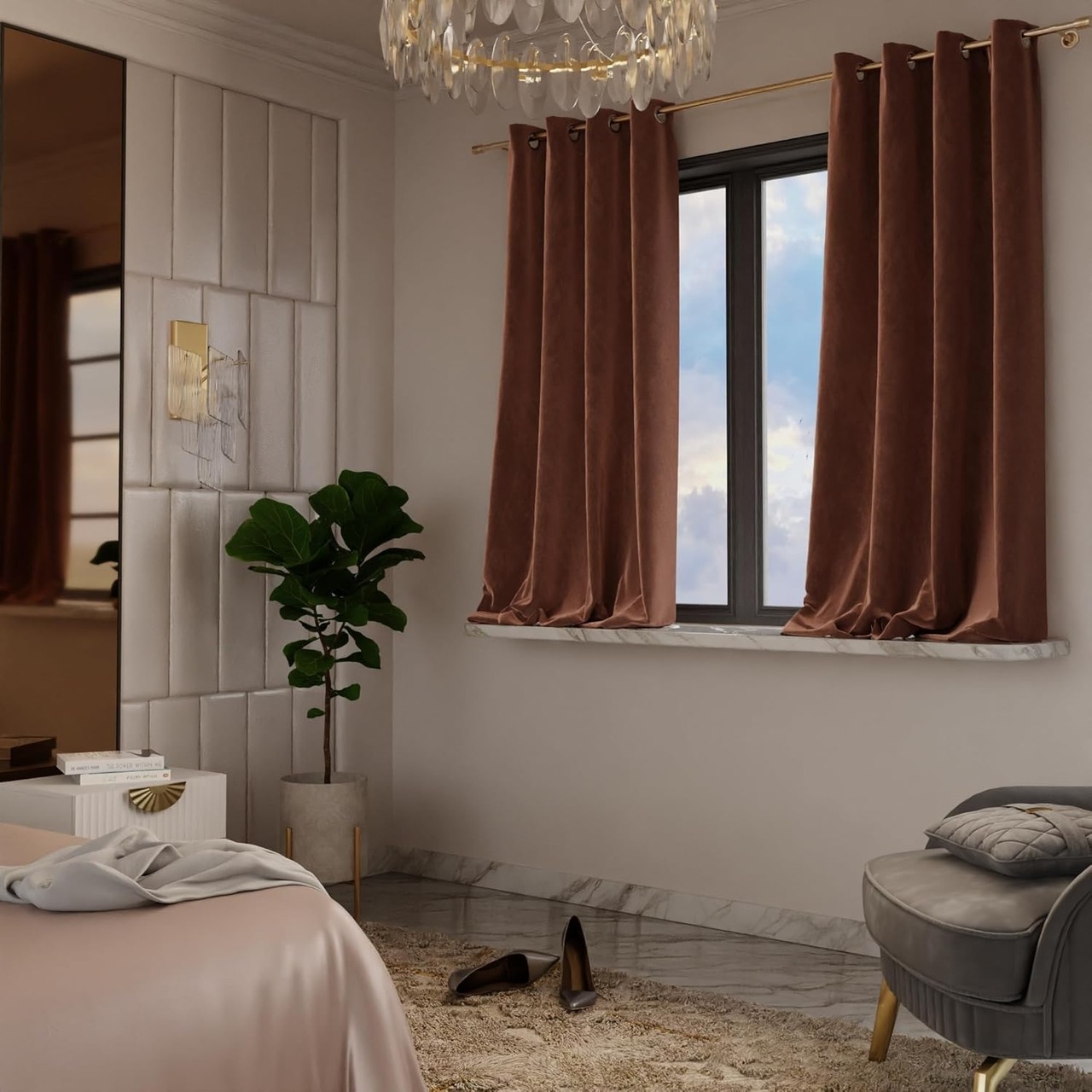 Stoa Paris Velvet Curtains for Window, Premium Dim-Out Curtain for Living Room, Bedroom, Home Decor, Parda with Easy Grommet Installation, Pack of 2, Date Night - Caramel Caress