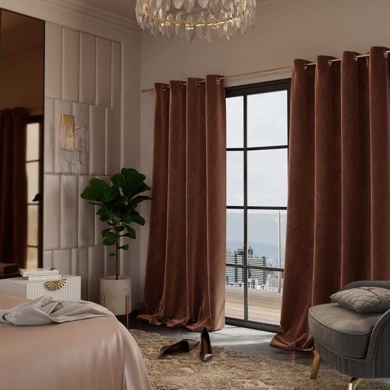 Stoa Paris Velvet Curtains for Door, Premium Dim-Out Curtain for Living Room, Bedroom, Home Decor, Parda with Easy Grommet Installation, Pack of 2, Date Night - Caramel Caress
