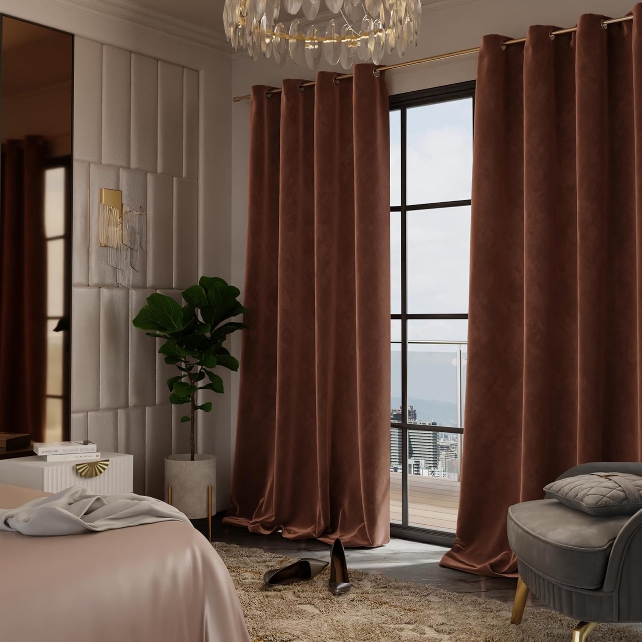 Stoa Paris Velvet Long Door Curtains, Premium Dim-Out Curtain for Living Room, Bedroom, Home Decor, Parda with Easy Grommet Installation, Pack of 2, Date Night - Caramel Caress