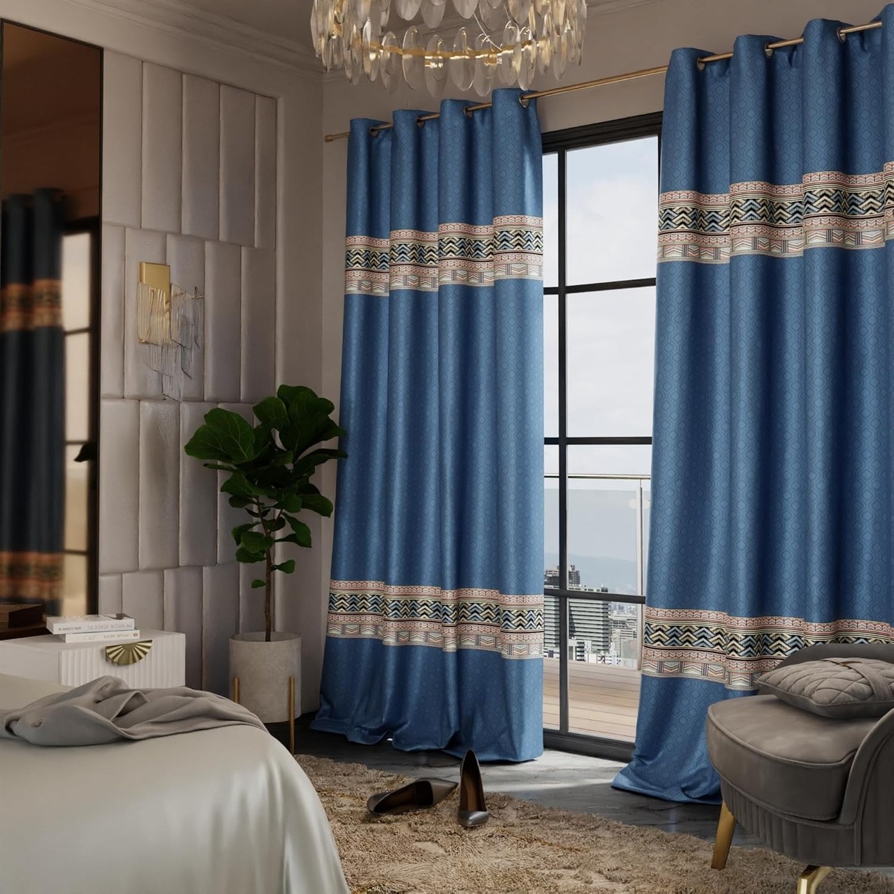 Stoa Paris Satin Long Door Curtain, 70% Blackout Curtains, Home Decor, Sun Protection, Parda with Easy Grommet Installation, Bedroom, Living Room, Set of 2, Versailles - Celestial Blue