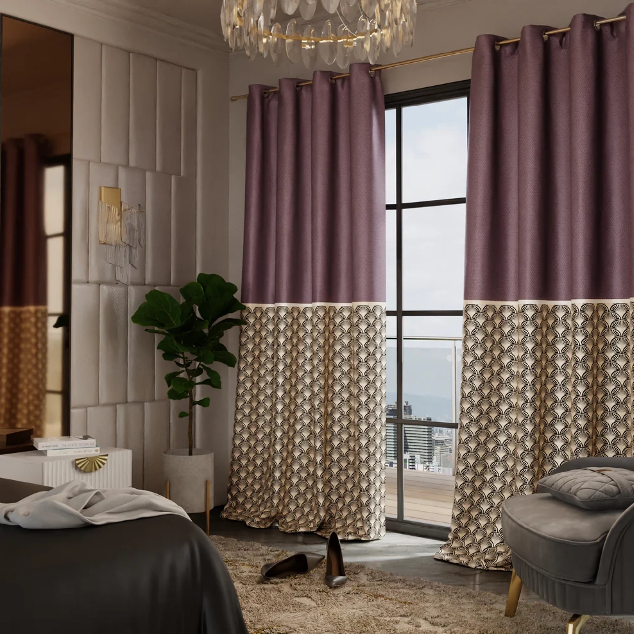 Stoa Paris Satin Long Door Curtain, 70% Blackout Curtains, Home Decor, Sun Protection, Parda with Easy Grommet Installation, Bedroom, Living Room, Set of 2, Versailles - Royal Rouge