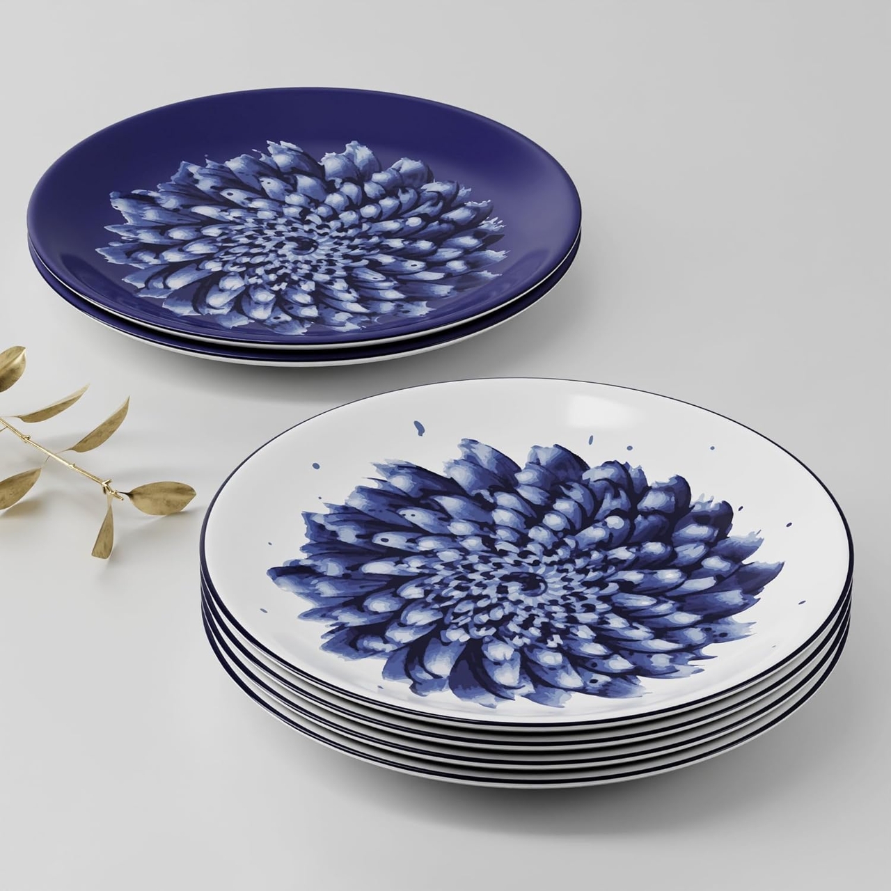 Stoa Paris Ceramic Dinner Plate Set of 6, Kitchen, Lunch, Breakfast, Microwave & Dishwasher Safe, Stain, Scratch & Chip Resistant, Lightweight, Bone Ash Free, Paris Fleur - Navy Blue, White