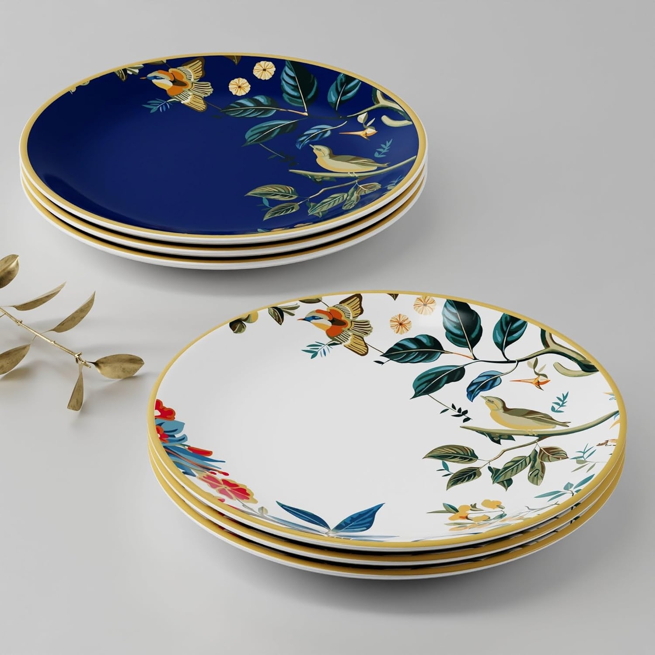 Stoa Paris Ceramic Dinner Plate Set of 6, Kitchen, Lunch, Breakfast, Microwave & Dishwasher Safe, Stain, Scratch & Chip Resistant, Lightweight, Bone Ash Free, Chantilly Evening - Navy, Green, White