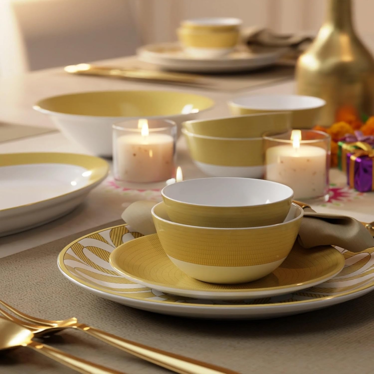 Stoa Paris Dinnerware Set 28pc, Ceramic Tableware, Microwave, Dishwasher Safe, Stain, Scratch & Chip Resistant, Bone Ash Free, Gift for Housewarming, Premium Dinner Set, Marseille Mood -Yellow, White