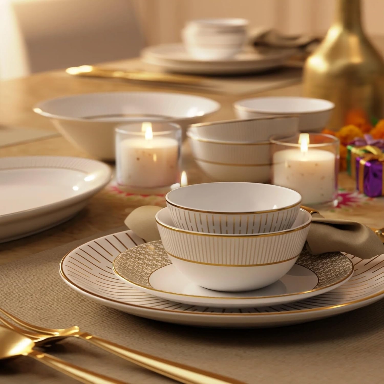 Stoa Paris Dinnerware Set 28pc, Ceramic Tableware, Microwave, Dishwasher Safe, Stain, Scratch & Chip Resistant, Bone Ash Free, Gift for Housewarming, Premium Dinner Set, Cannes Glow - Gold, White