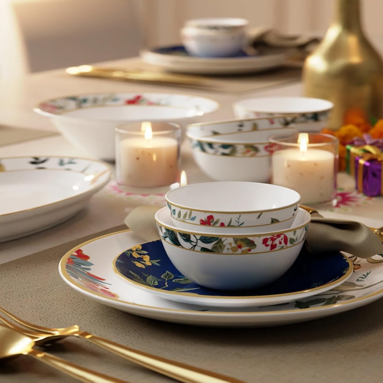 Stoa Paris Dinnerware Set 28pc, Ceramic Tableware, Microwave, Dishwasher Safe, Stain, Scratch & Chip Resistant, Bone Ash Free, Gifting, Premium Dinner Set, Chantilly Evening - Navy, White