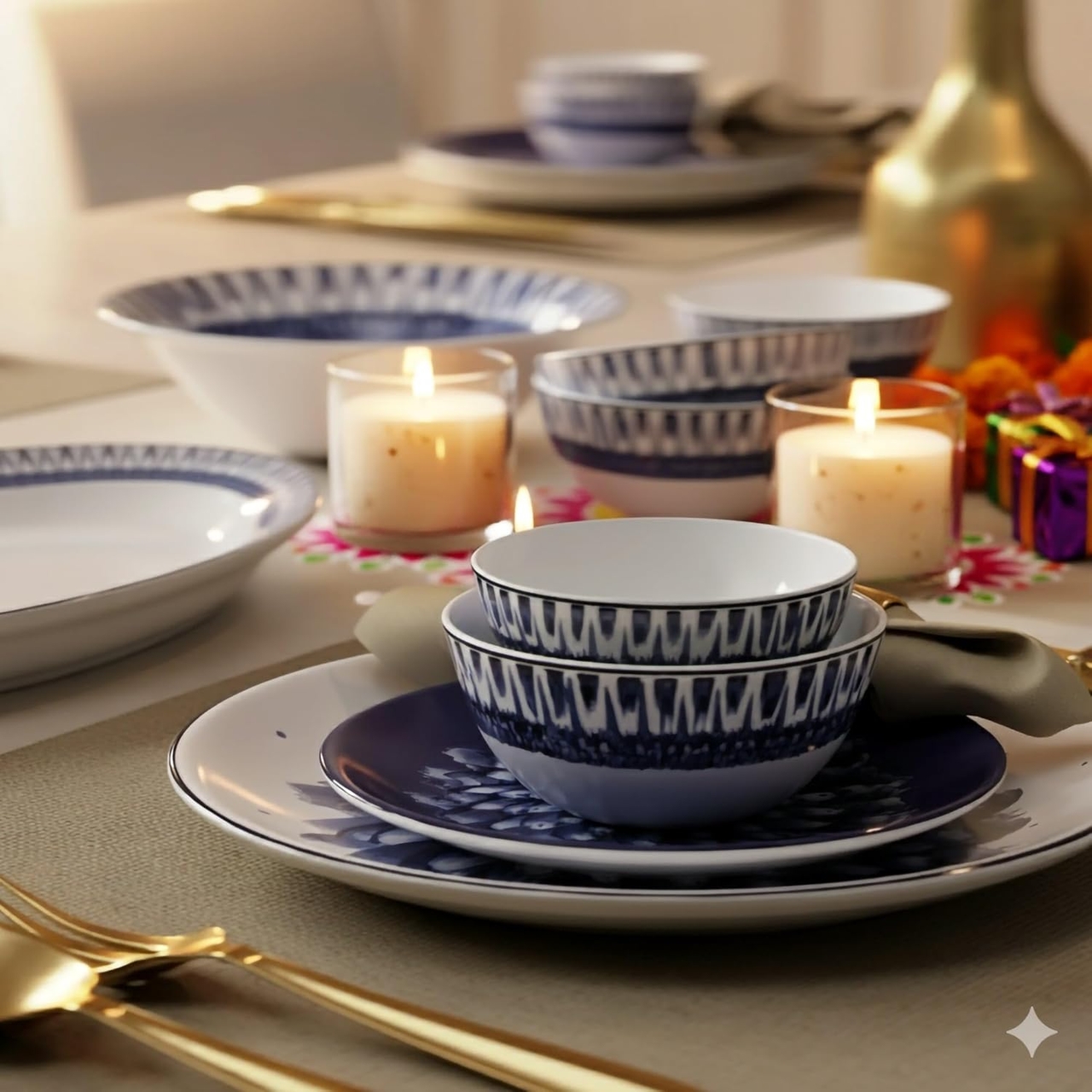 Stoa Paris Dinnerware Set 28pc, Ceramic Tableware, Microwave, Dishwasher Safe, Stain, Scratch & Chip Resistant, Bone Ash Free, Gift for Housewarming, Premium Dinner Set, Paris Fleur - Navy, Yellow