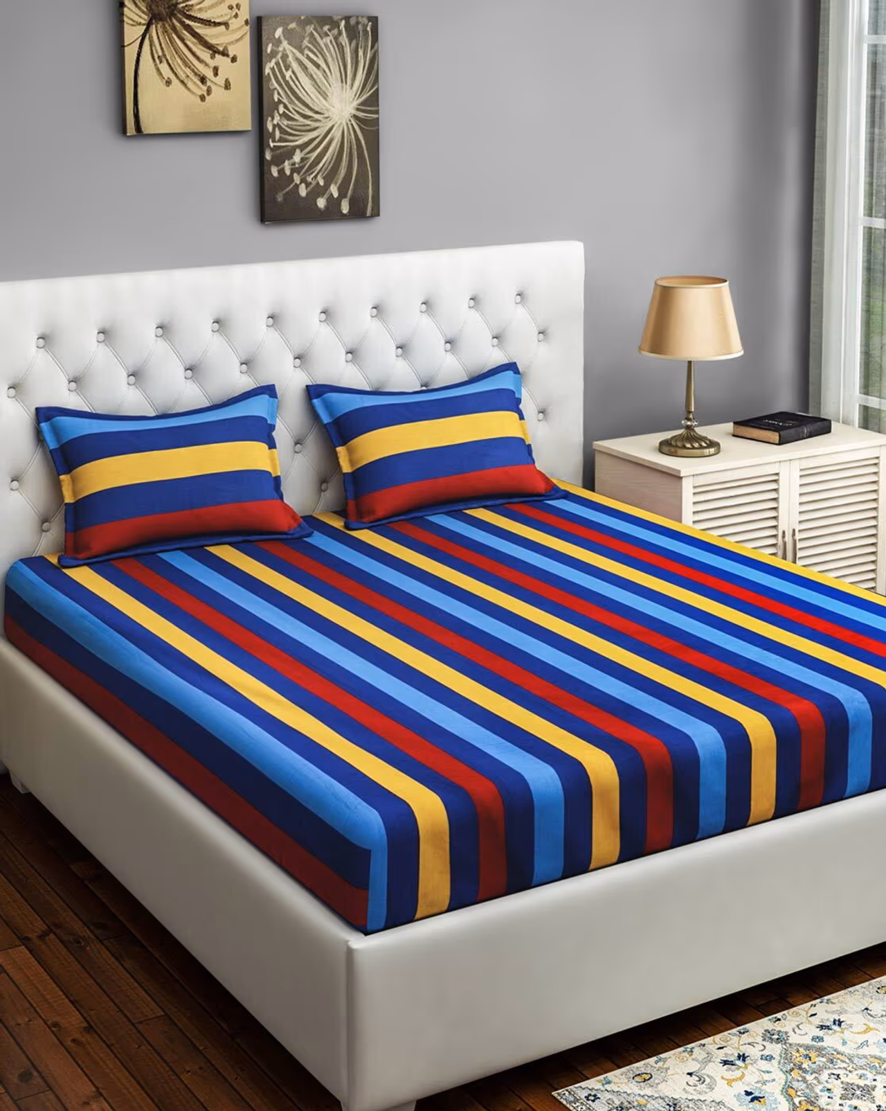 Swayam 240 TC Striped Extra Large Bedsheet with Pillow Covers