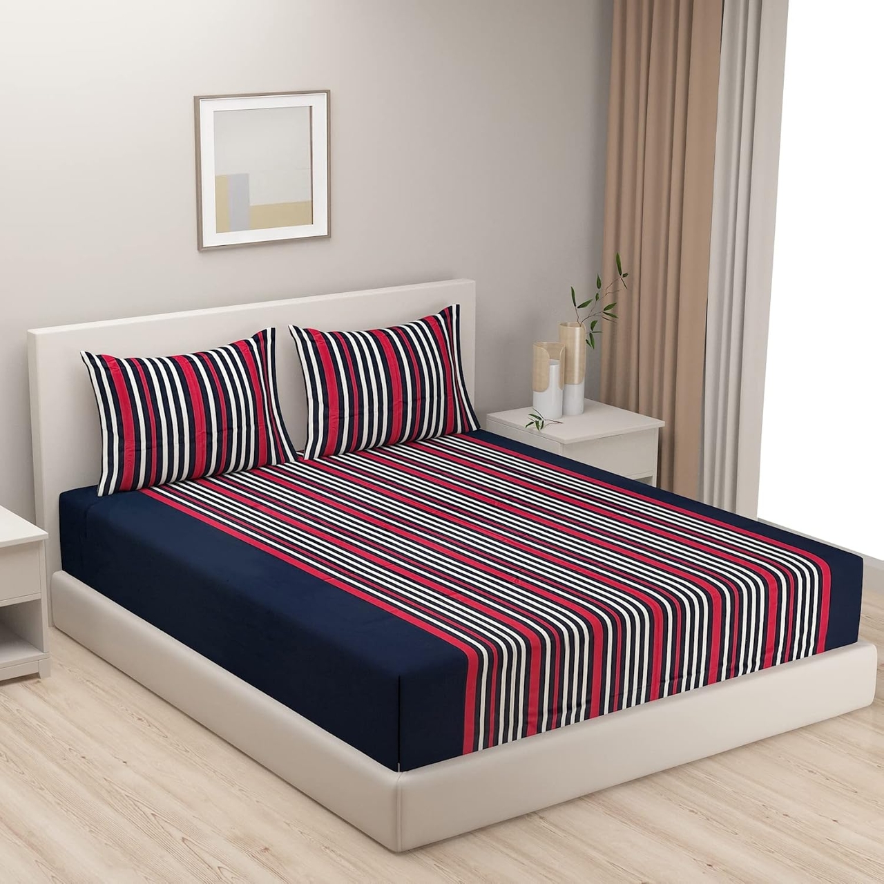 Swayam 180 TC Stripes Print Cotton Extra Large Bed Sheet with 2 Pillow Cover - Navy Blue, Red
