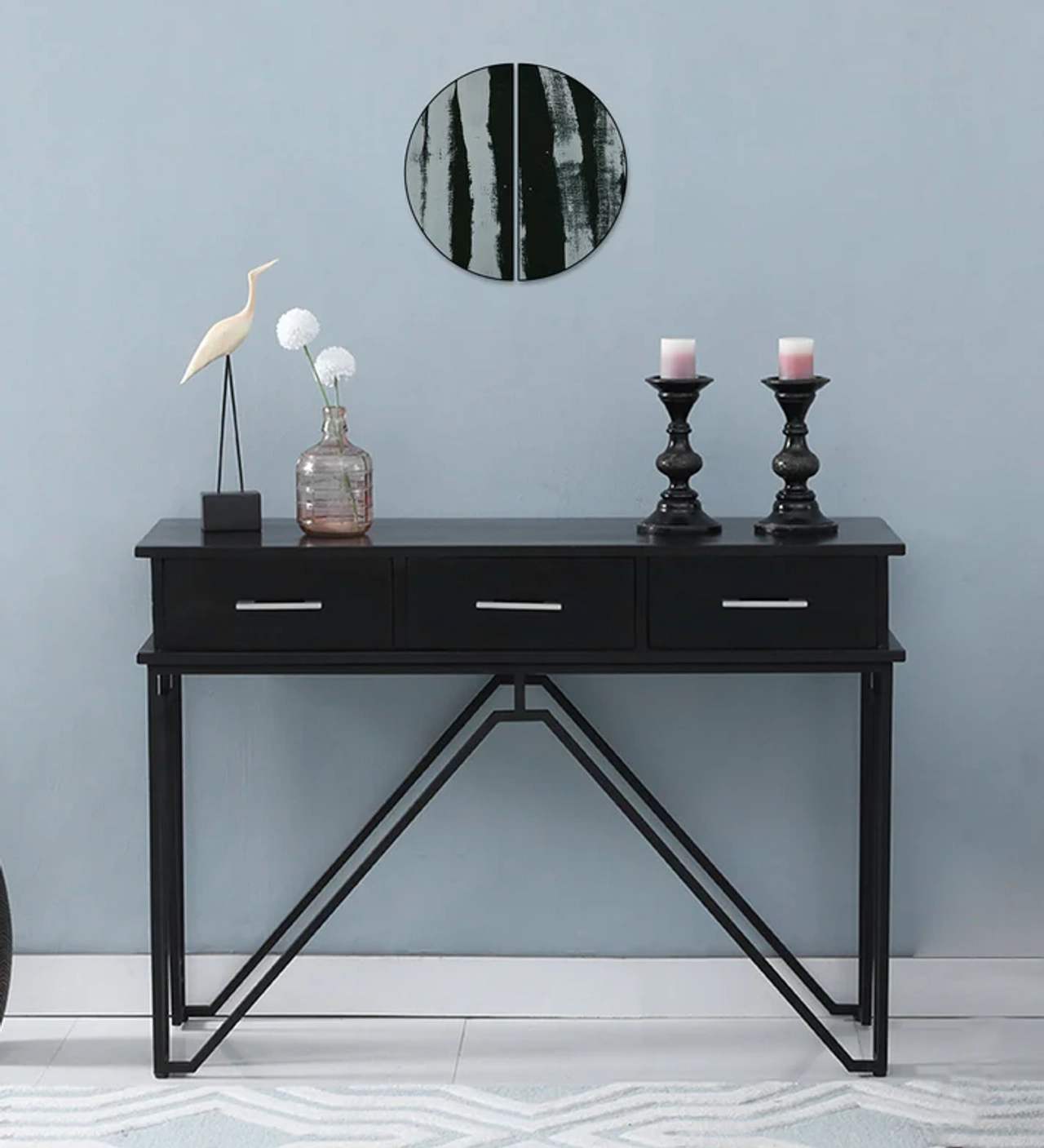 Hidenchic - Divine - Console Table With Metal Powder Coated Legs In Black & Dark Polish Wooden Top