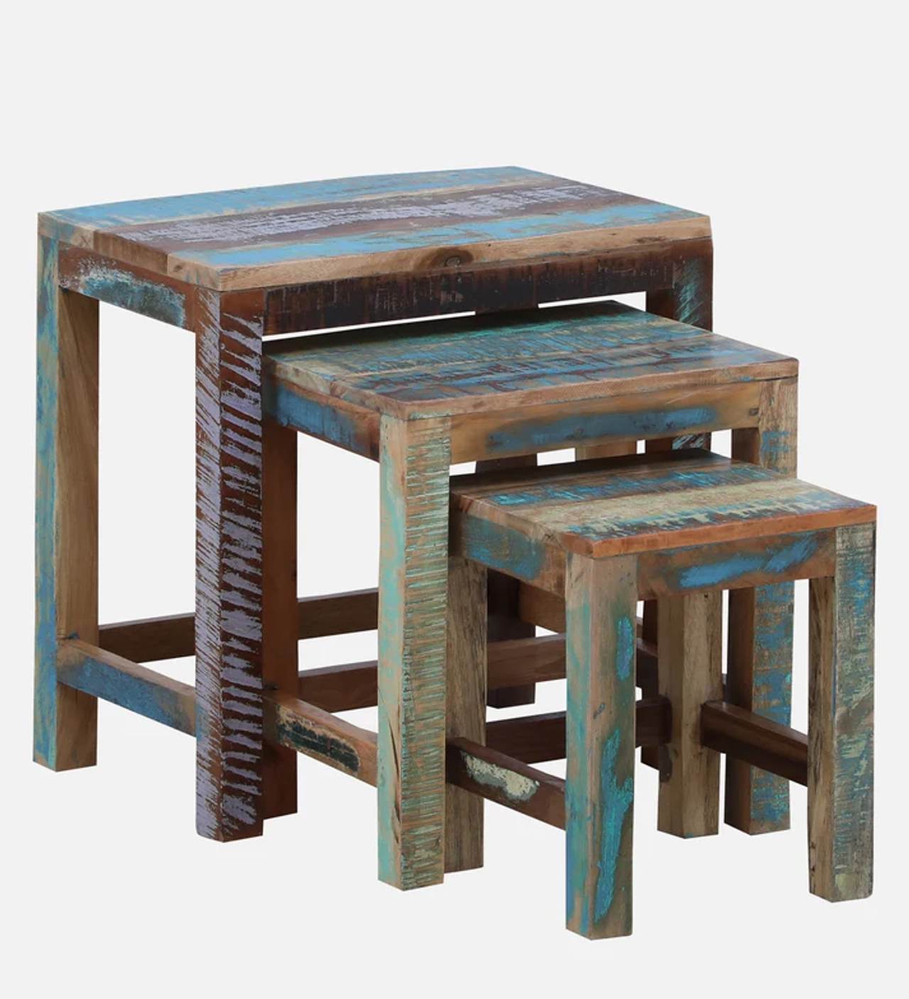 Hidenchic - Cart - Solid Wood Nest Of Tables In Distress Polish Shade