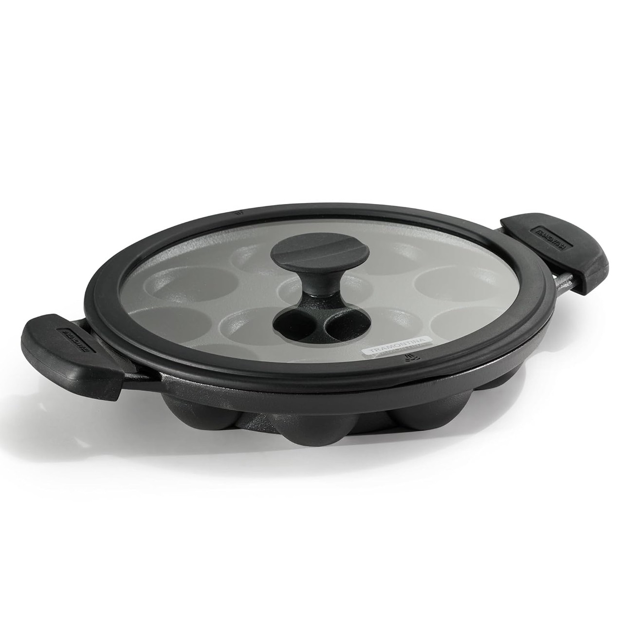Tramontina Titanex 26cm Pre-Seasoned Cast Iron Paniyaram / Appe Pan 12 Pits with Glass Lid - Black
