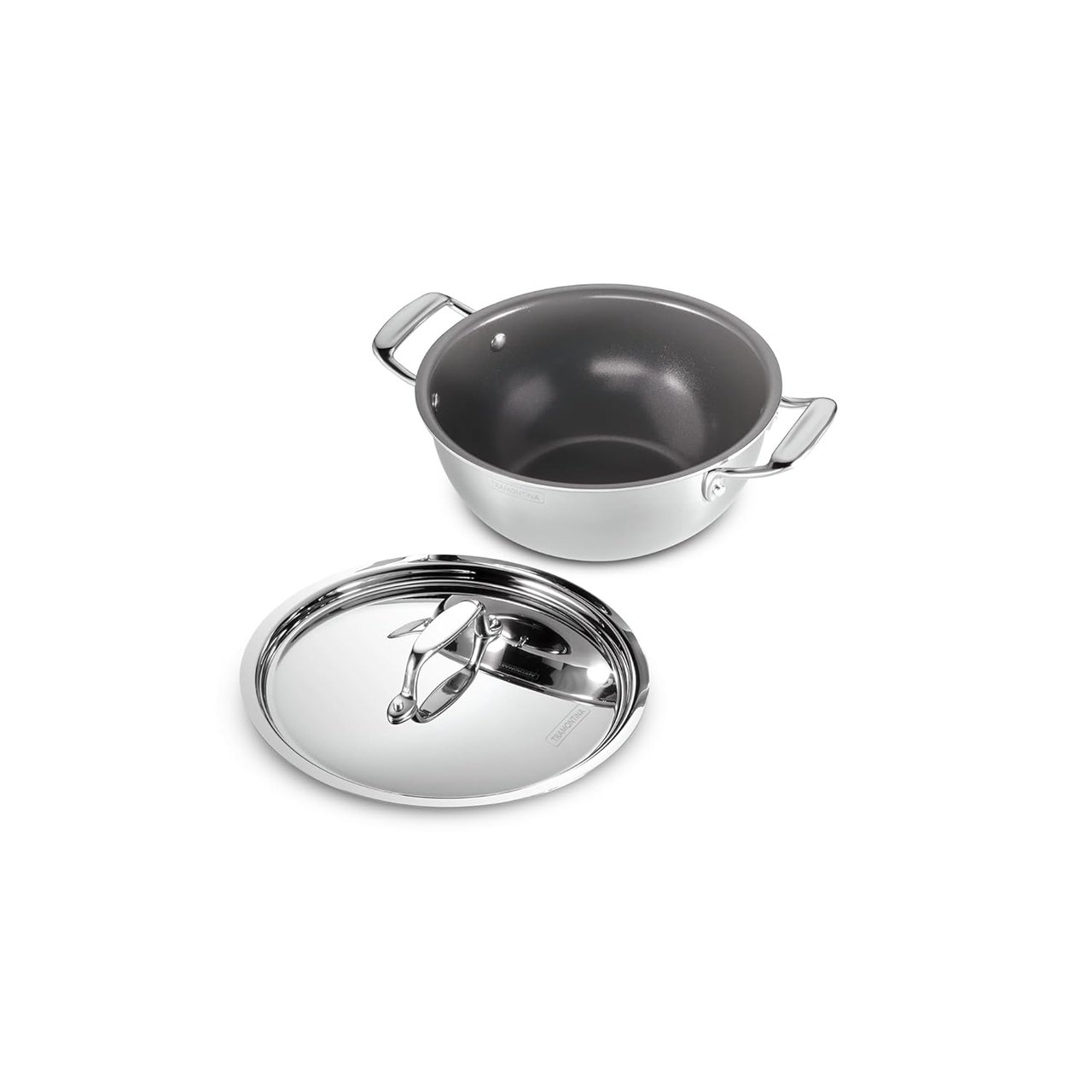 Tramontina FUSAO EX+ 22cm Ceramic Coated Triply Stainless Steel Deep Kadai with SS Lid 3L - Silver
