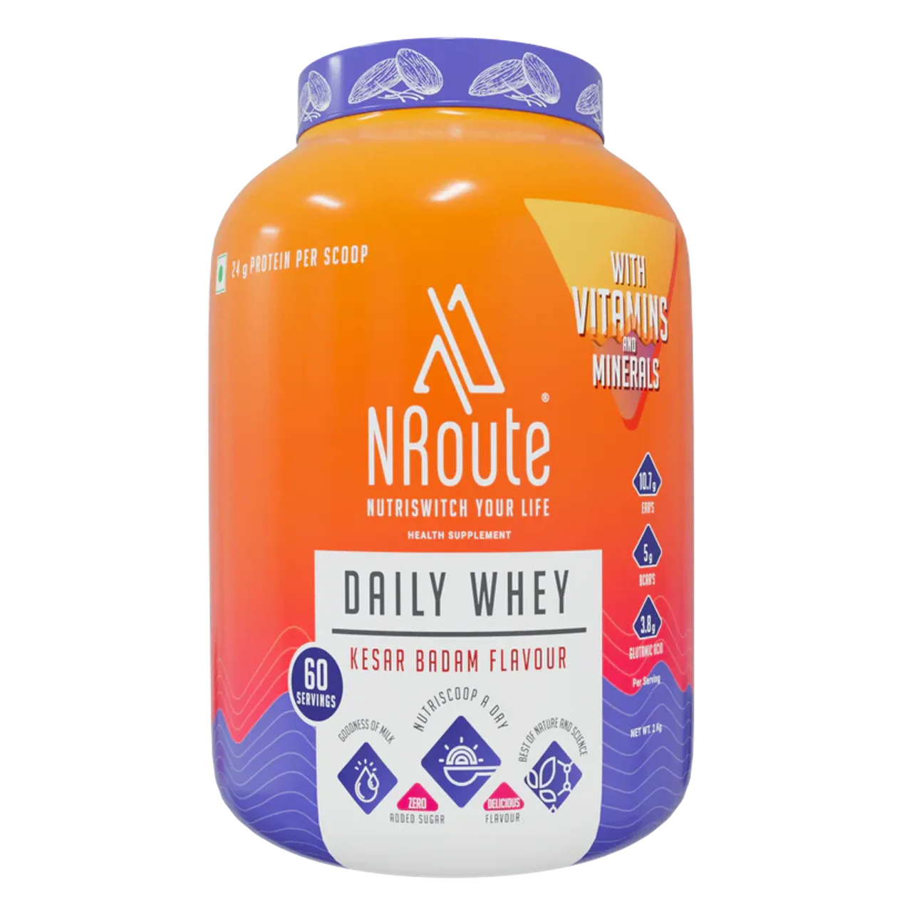 NRoute Daily Whey Protein Kesar Badam 2kg 60 Servings
