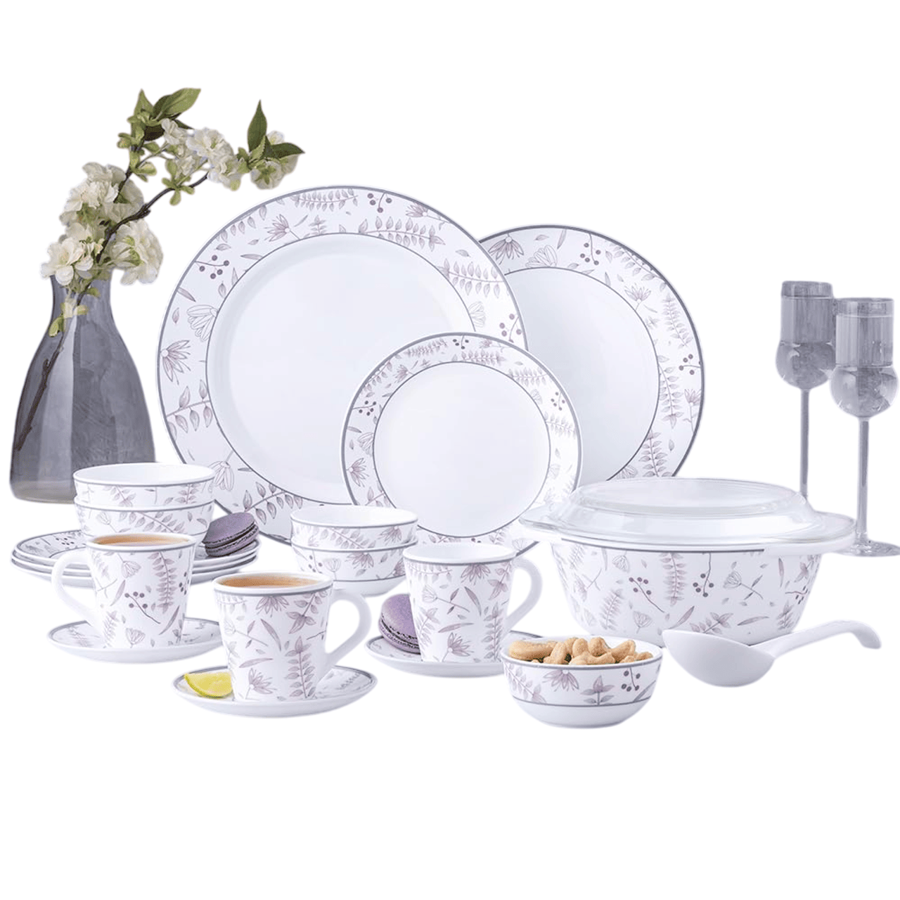 Borosil Premia Series Grandeur Opalware 49-Piece Dinner Set, Microwave & Dishwasher Safe, Bone-Ash Free, White