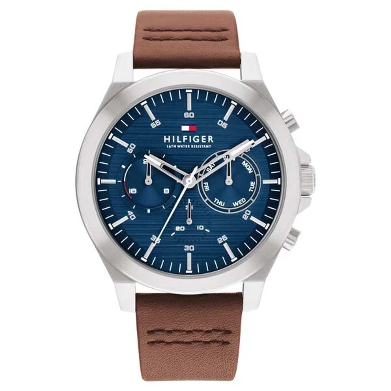 Tommy Hilfiger Multifunction Blue Round Dial Brown Leather Strap Watch For Men - NTTH1710633