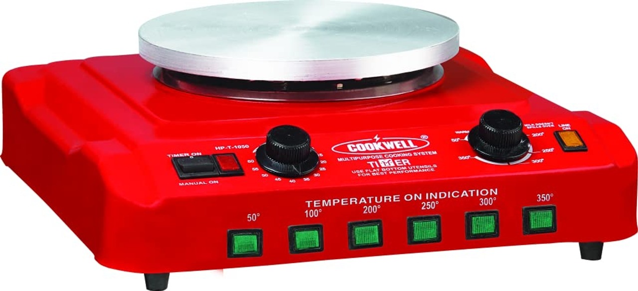 Cookwell Radiant Electric Hot Plate with Timer, 200-900W, 50°C-350°C, Red