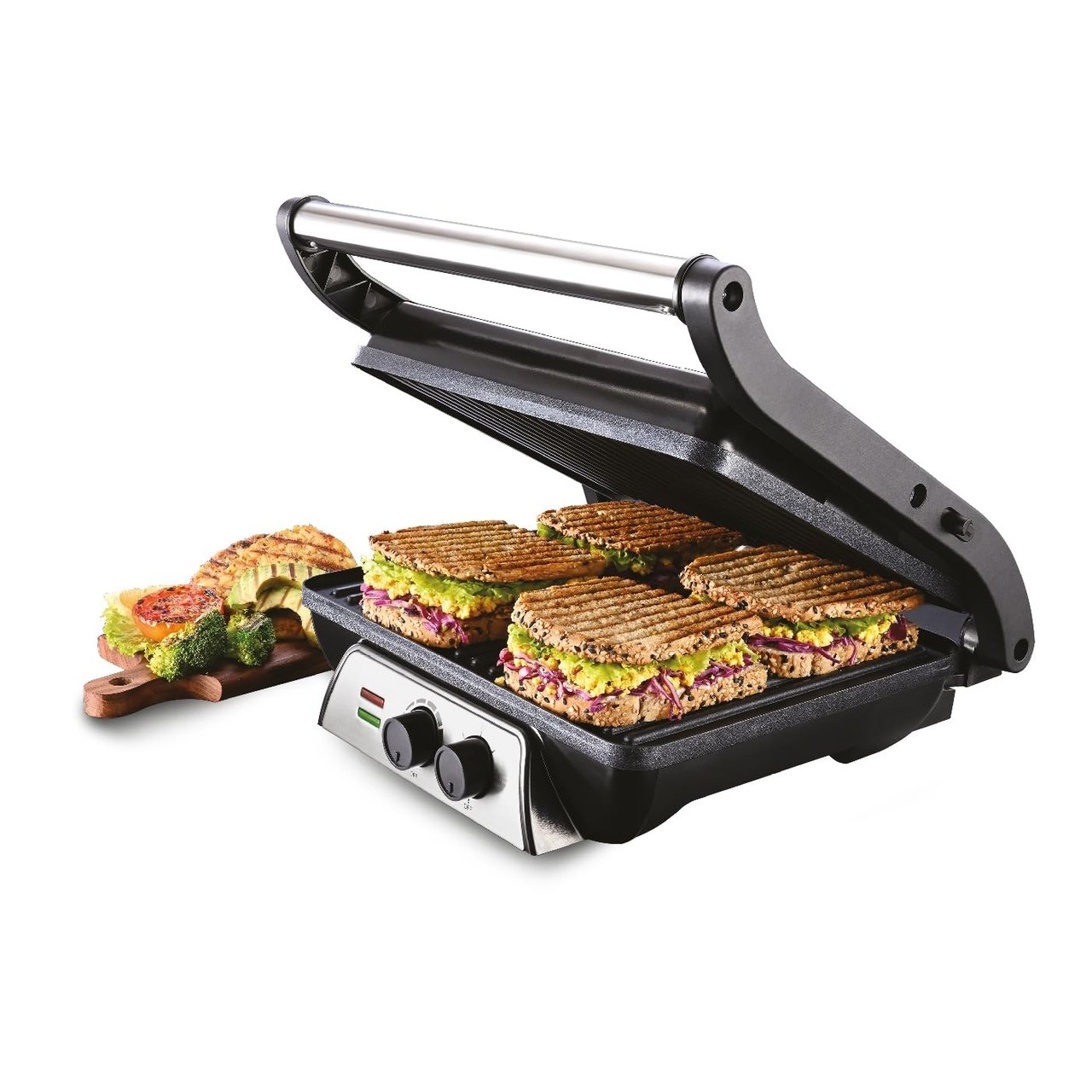 USHA iChef Sandwich Grill 2000W 4 Slice Flat Bed Griller with Temperature and Timer Control Stainless Steel