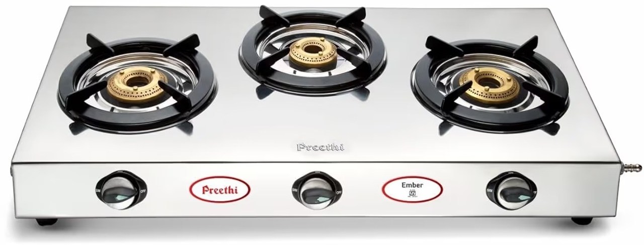 Preethi Ember Stainless Steel 3-Burner Gas Stove, Manual, Night Glow Knob, LPG