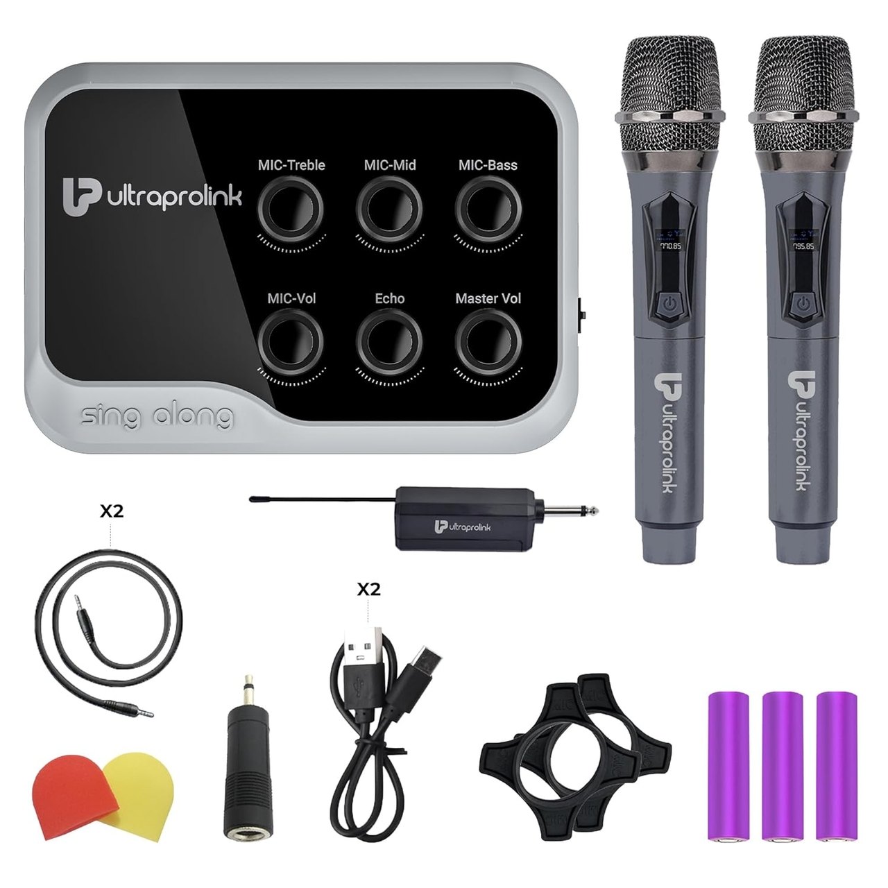 UltraProlink Sing Along Duet|Portable Bluetooth Karaoke Mixer|2 Wireless Dynamic Mics|With Recording|Sound Card for Karaoke,Podcast, Singing, Live Stream,Broadcast| UM1002D|Grey