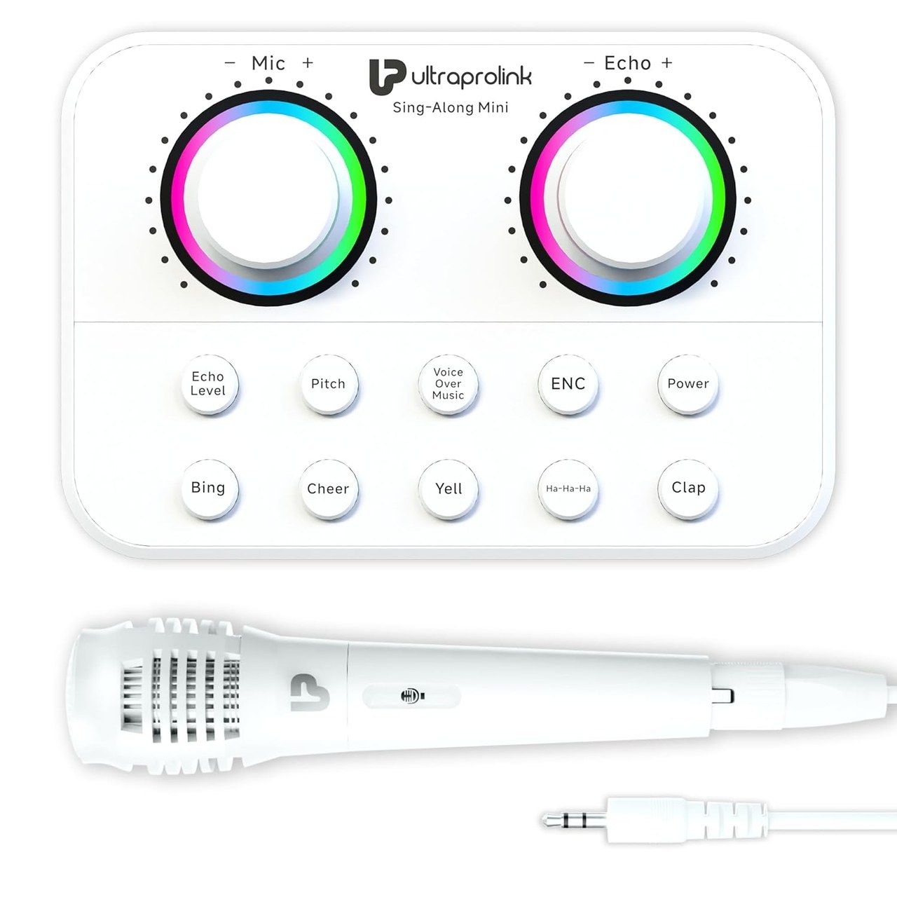UltraProlink Sing Along Mini |Slimmest Portable Bluetooth Karaoke Mixer |Sound Card for Karaoke,Podcast, Singing, Live Stream,Broadcast|5 sound effects|Record on Mobile|Condenser Mic|White