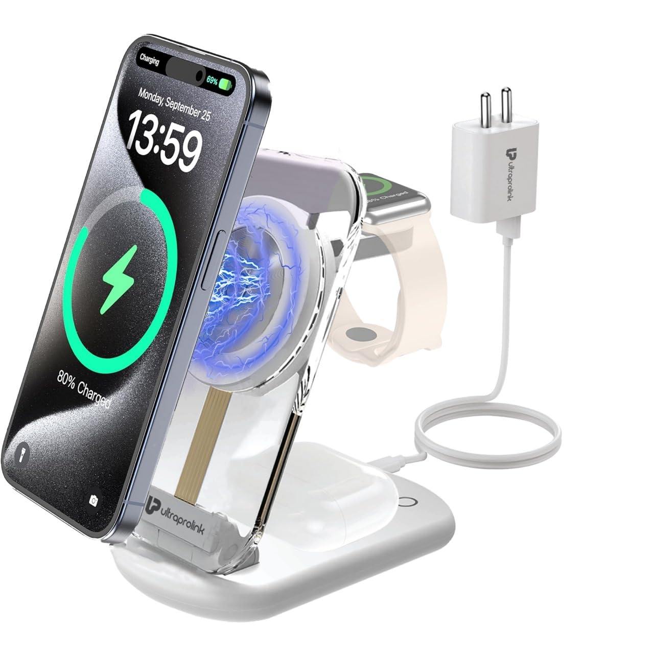 UltraProlink 20W Mag-Safe Magnetic 3 in 1 Wireless Charger Station | for iPhone 15/14/13/12, iWatch Ultra,iWatch SE, Airpods Pro, Gen2/Gen3 | Includes 20W PD Charger & Cable | Vylis Crystal |White