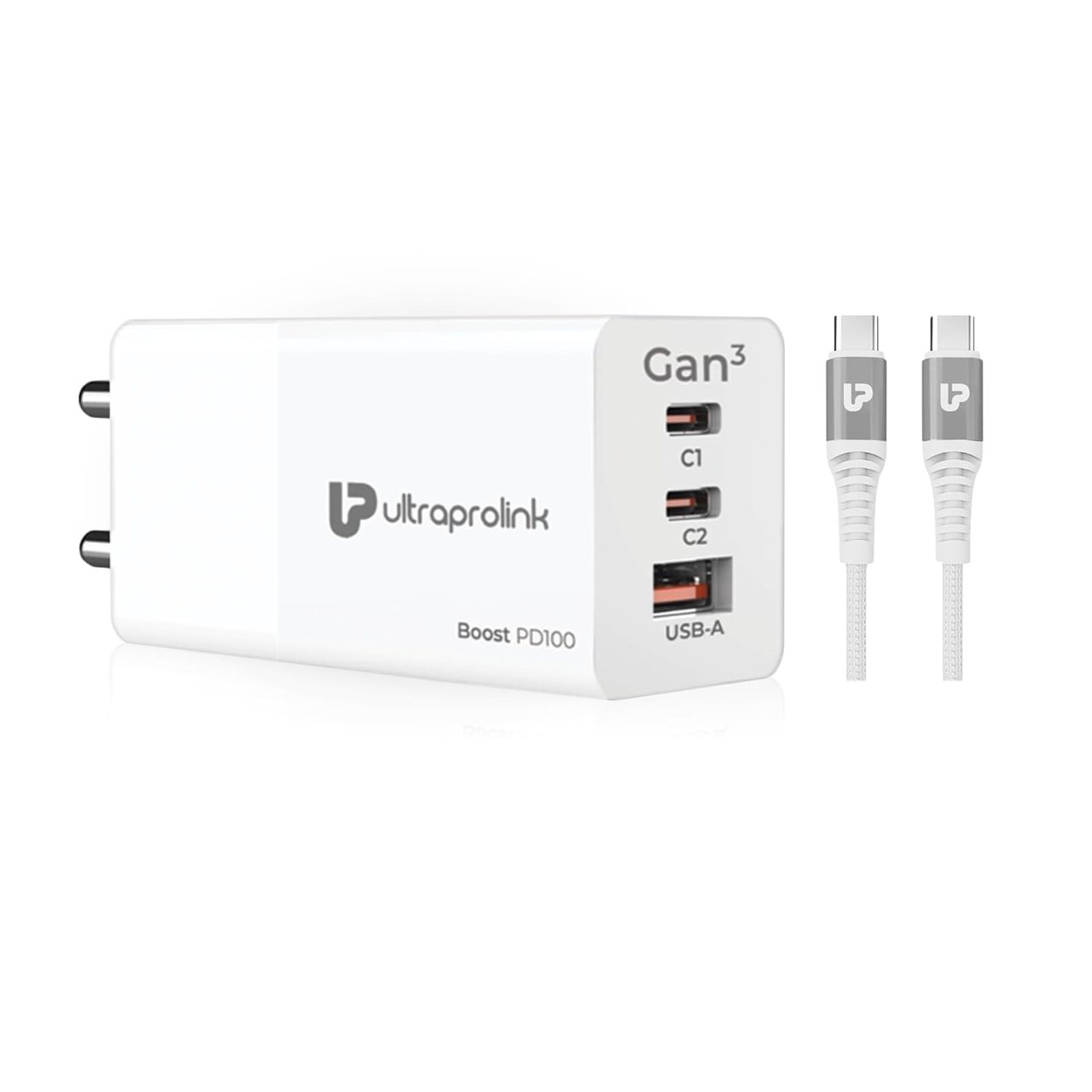 UltraProlink 100W PD PPS Super Fast GaN Travel Charger | 3-USB Ports | for Laptops, MacBook Pro, MacBook Air, iPhone 16/15 Series, Pixel & Galaxy Phones | with 100W Cable | UM1184 |Boost PD100|White