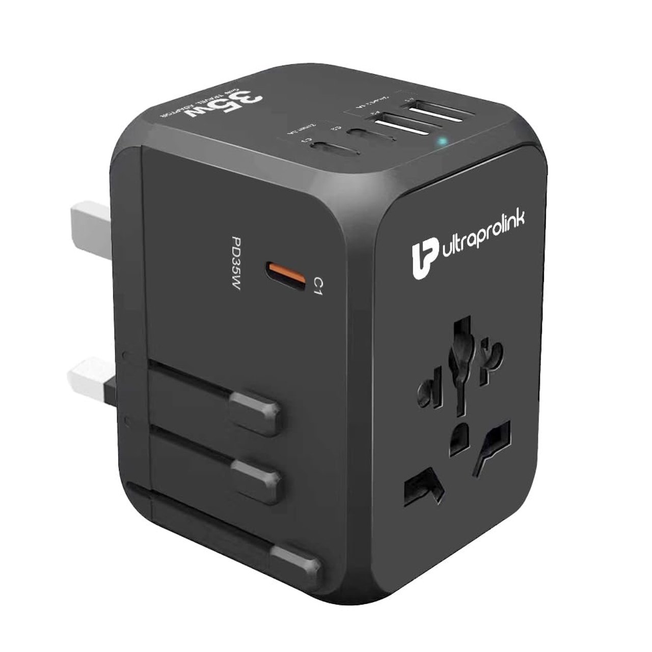 UltraProlink International All in One Universal Travel Adapter|35W GaN Charger|2 USB-A & 3 Type C Ports|2500W|for Laptops,Mobile,Tablets,Cameras|UM1187|Travel Mate PD35|Black