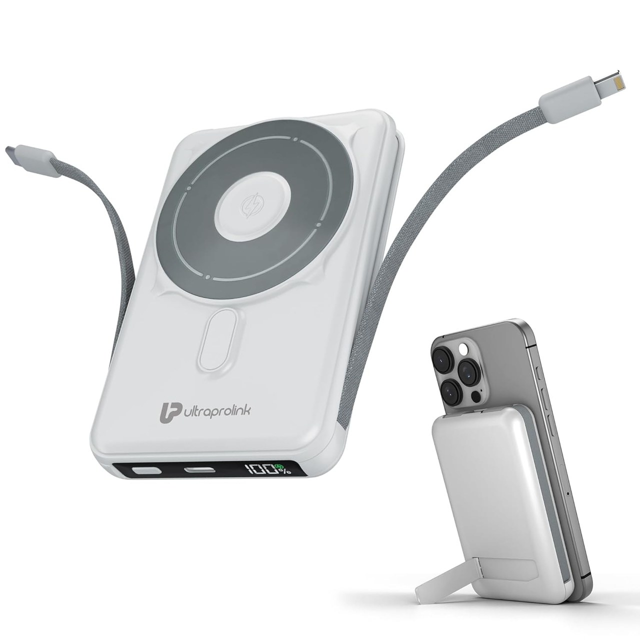 UltraProlink 10000mAh 3 in 1 Wireless Magnetic Mag-Safe Power Bank| Dual Cables Type C & iPhone |22.5W Type C Port with PD-PPS Support | for iPhone Series 16,15,14,13 | Made in India | UM1126 -  White