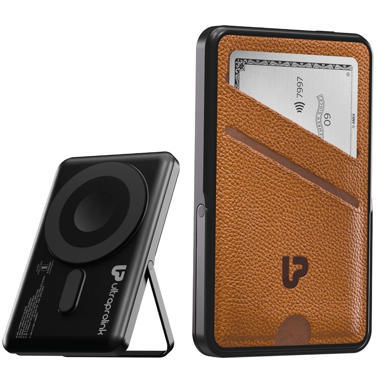 UltraProlink Mag-Safe Power Bank 5000mAh with Stand & Wallet, 22.5W PD Battery Bank, Tan