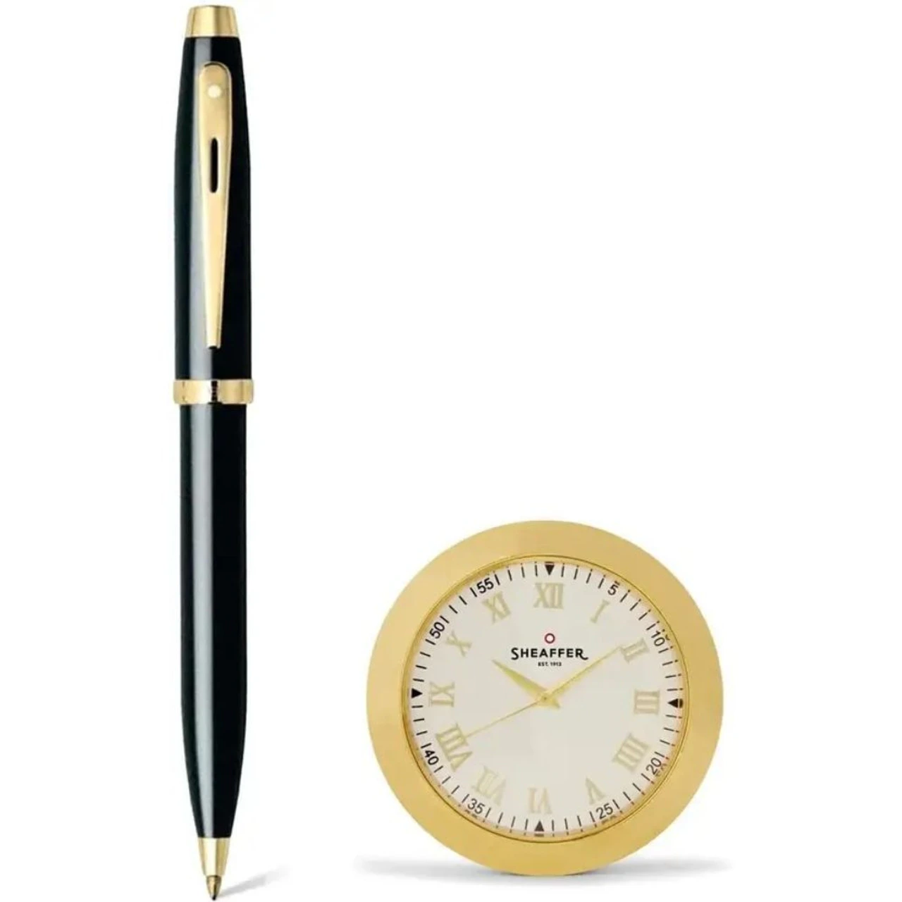 Sheaffer Gift 100 - G9322 Glossy Black Ball Pen With Table Clock Combo - Premium Pen Gift Set (Ink Color - Black)