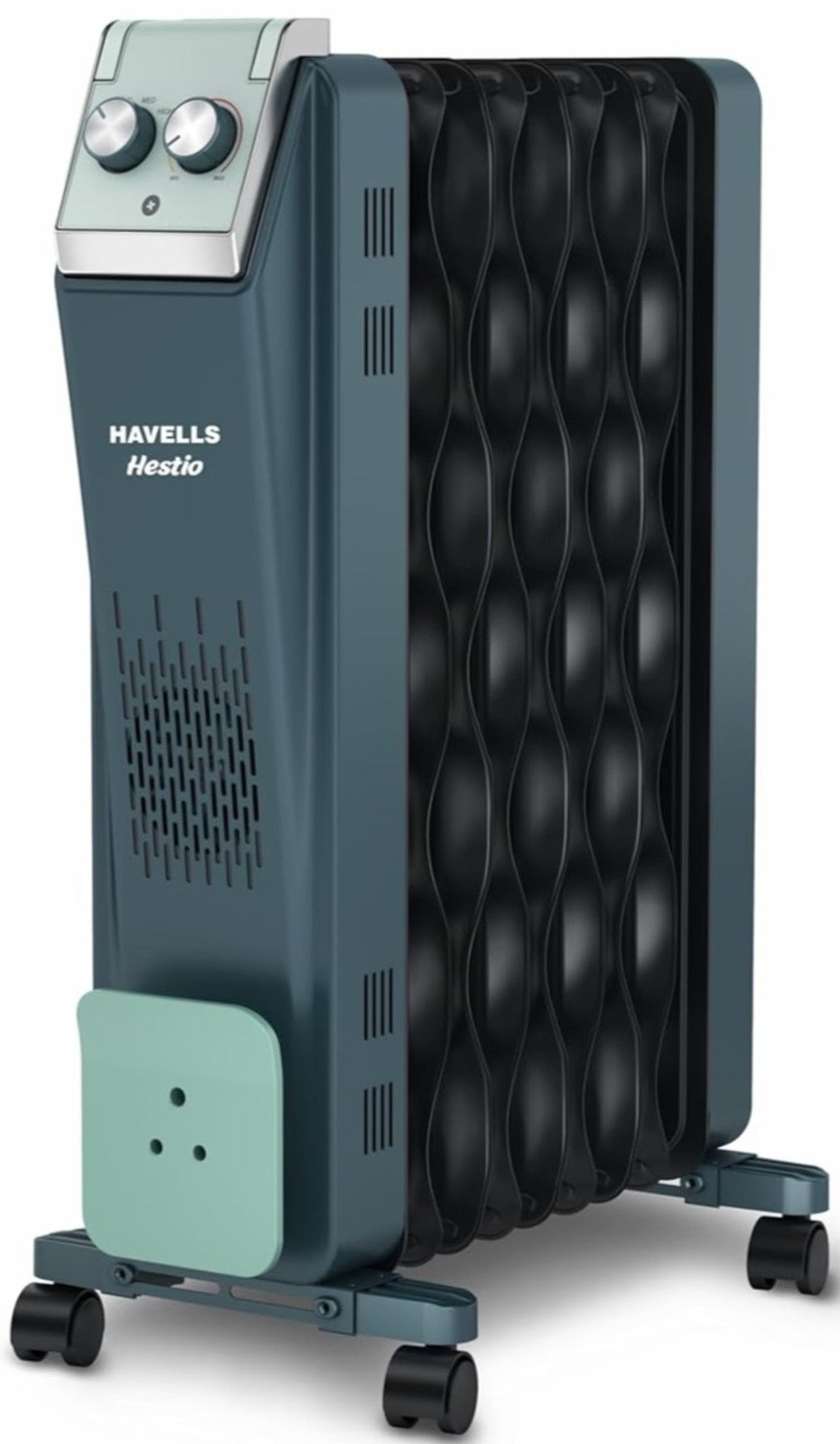 Havells Hestio 9-Fin Oil Filled Room Heater 2400W with PTC Heater, 3 Heat Settings, Blue & Black