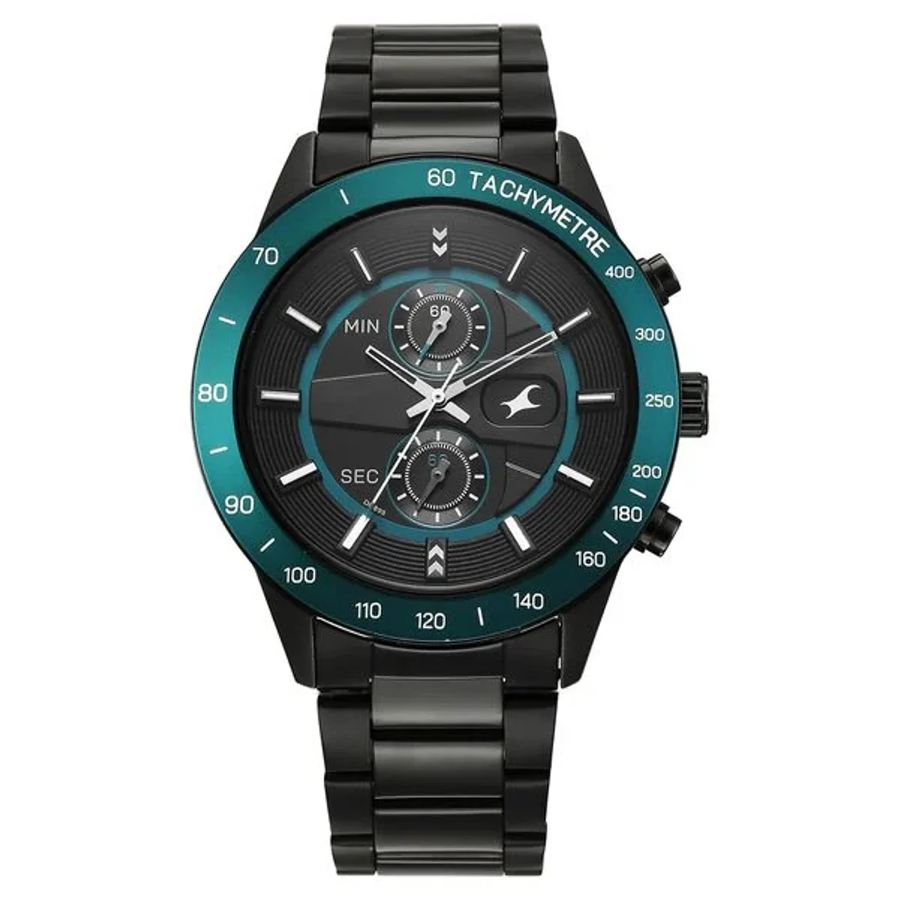 Fastrack Overdrive Quartz Chronograph Tachymeter Black Dial Black Stainless Steel Strap Watch for Men (3332KM01)